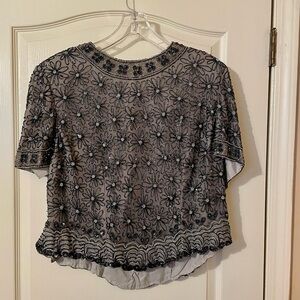 Vintage Papell Boutique Black Evening Top Silk Beaded Short Sleeve Size 2X